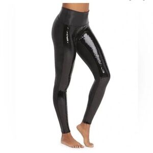 NEW SPANX FAUX LEATHER SEQUIN LEGGINGS BLACK, S